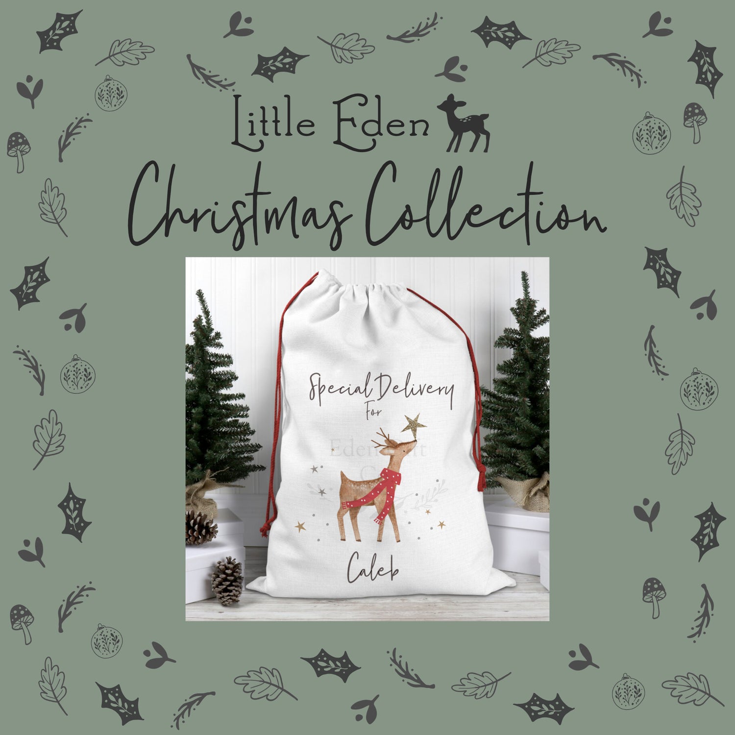 Our Little Eden 2024 Christmas Collection, featuring our nature inspired personalised Christmas gifts and accessories, including personalised Christmas tree baubles, stockings, Santa sacks and cushions.  , 