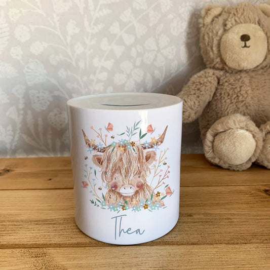 Personalised Summer Highland Cow Money Pot / Piggy Bank