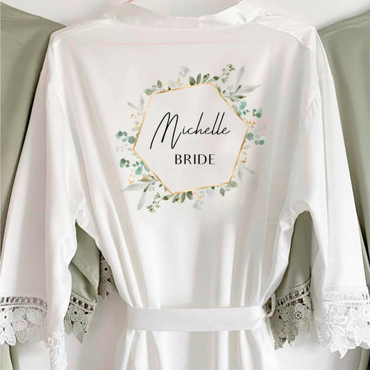 Personalised Satin Lace Robe - Eucalyptus and Gold Hexagon Wreath Design