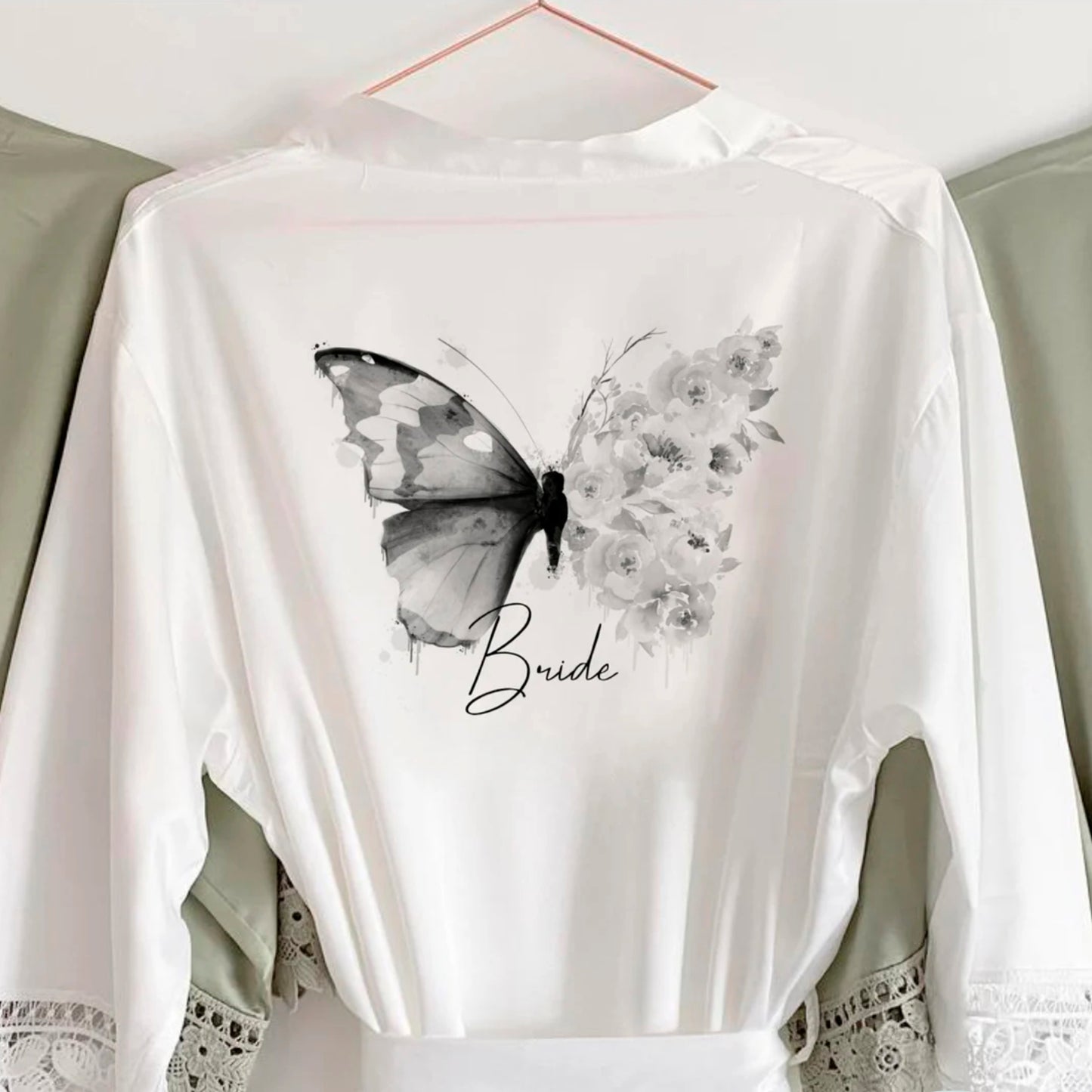 Personalised Satin Lace Robe - Grey Floral Butterfly Design