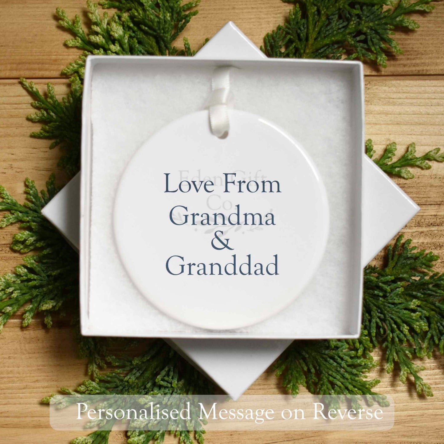 This image shows the reverse of the keepsake if you choose the option to add your own personalisation message. This example reads Love from grandma and granddad 