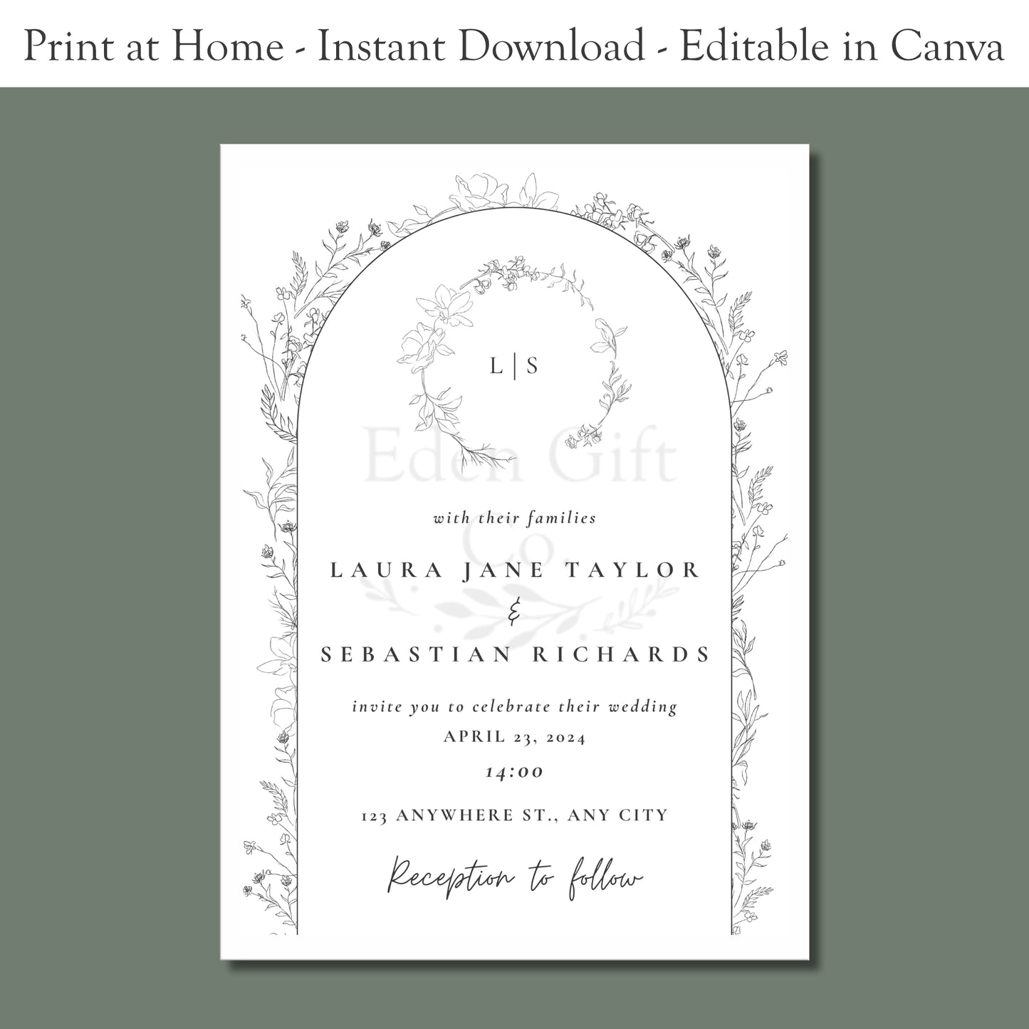 Hand Drawn Neutral Floral Wedding Invitation Template- Editable In Canva