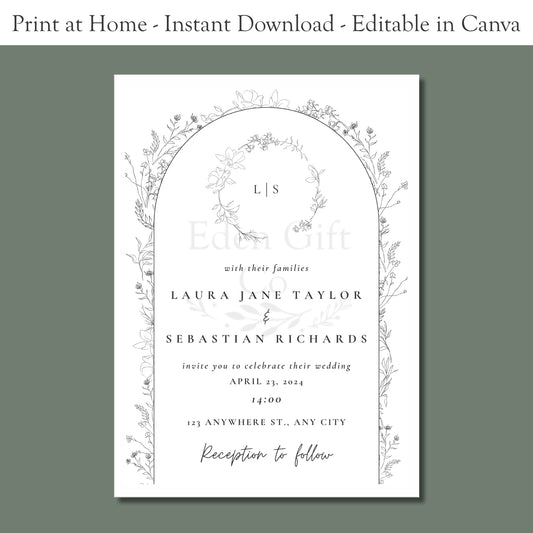 Hand Drawn Neutral Floral Wedding Invitation Template- Editable In Canva