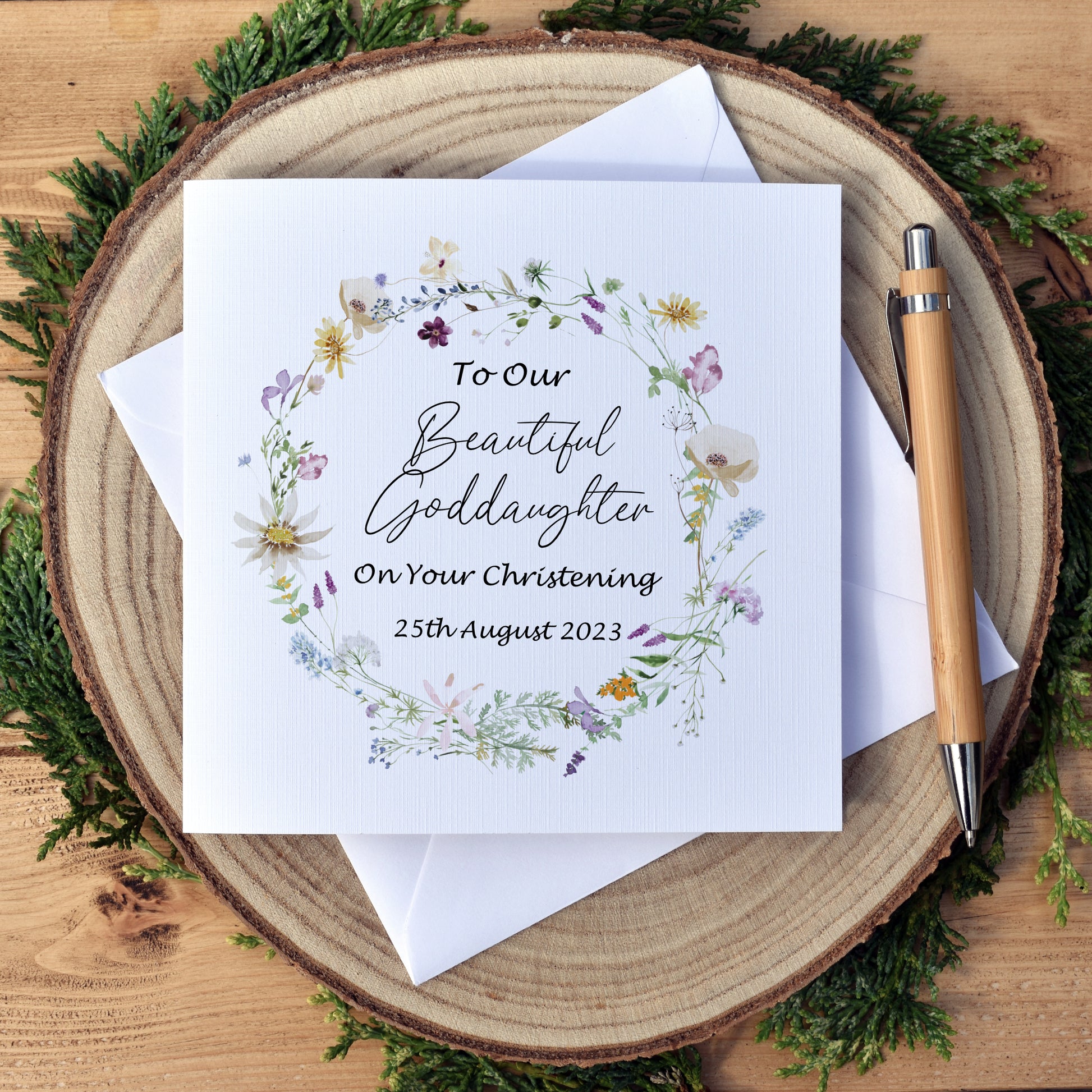 Wildflower wreath design personalised christening card - to our beautiful goddaughter