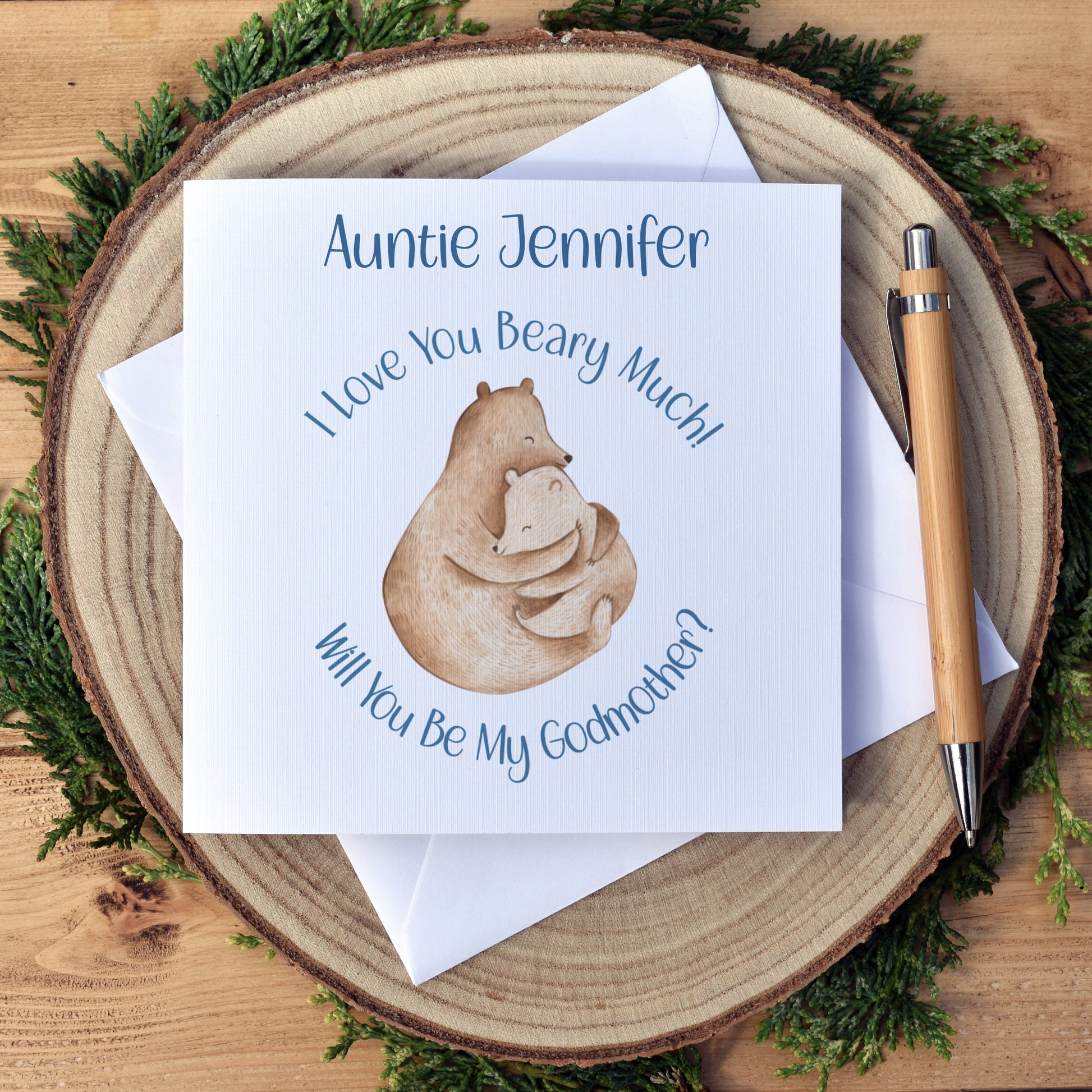 Personalised godmother and godfather proposal card, printed on linen card stock 300gsm and comes with a white envelope. The design is 2 cute watercolour bears, one large, one small, hugging each other. The text is easy to read and the colour navy