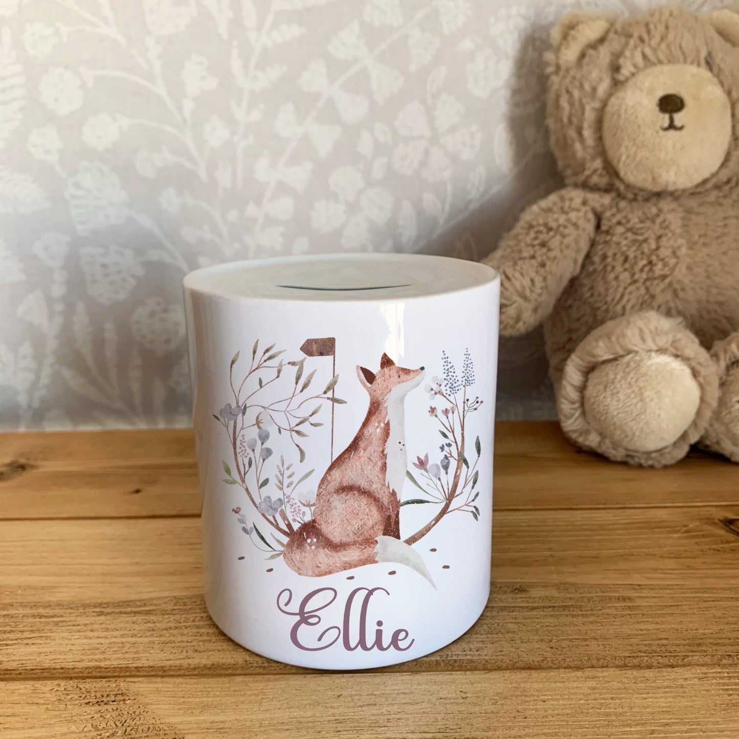 Personalised Woodland Fox Money Pot / Piggy Bank