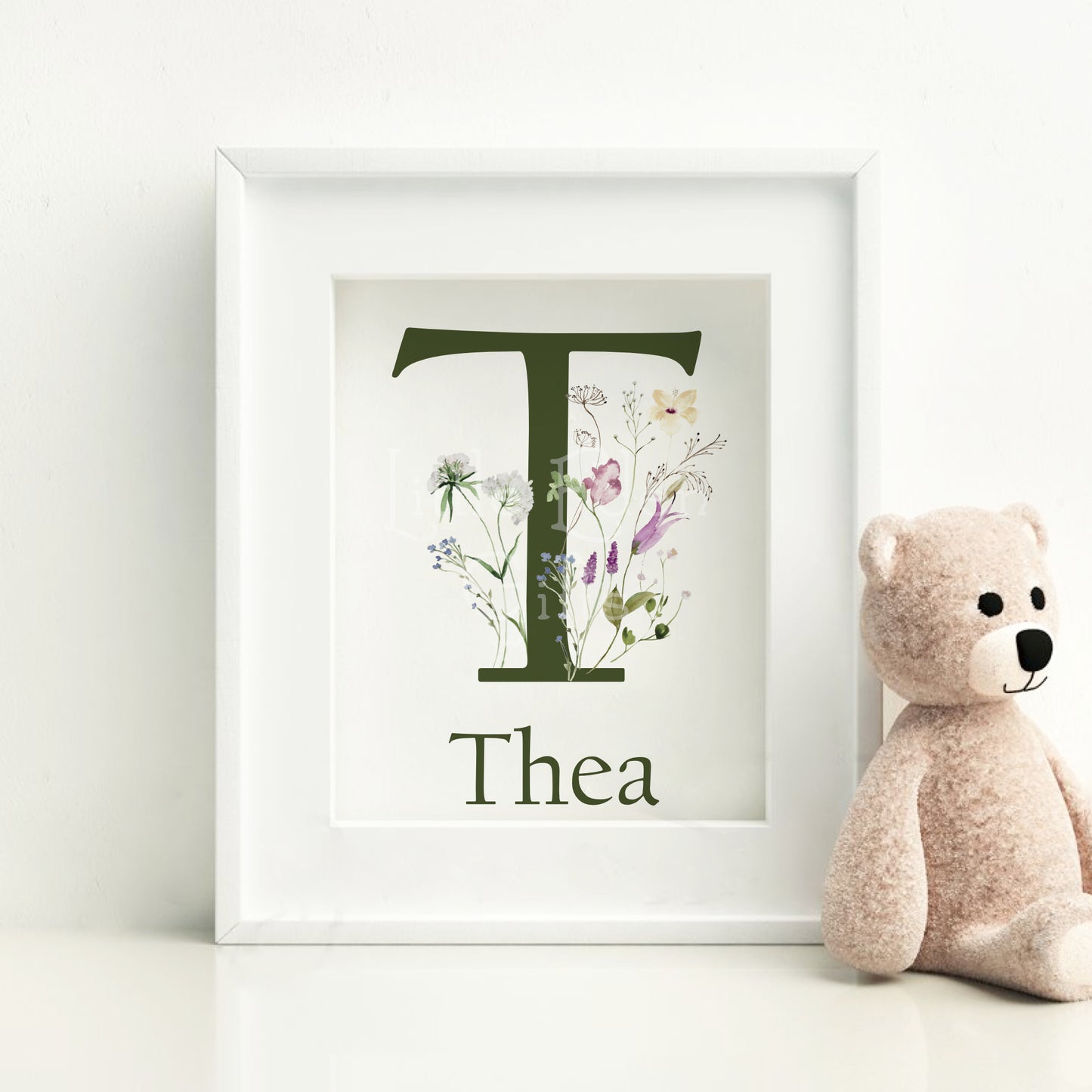 Personalised Wildflower Wall Print - Forest Green Initial