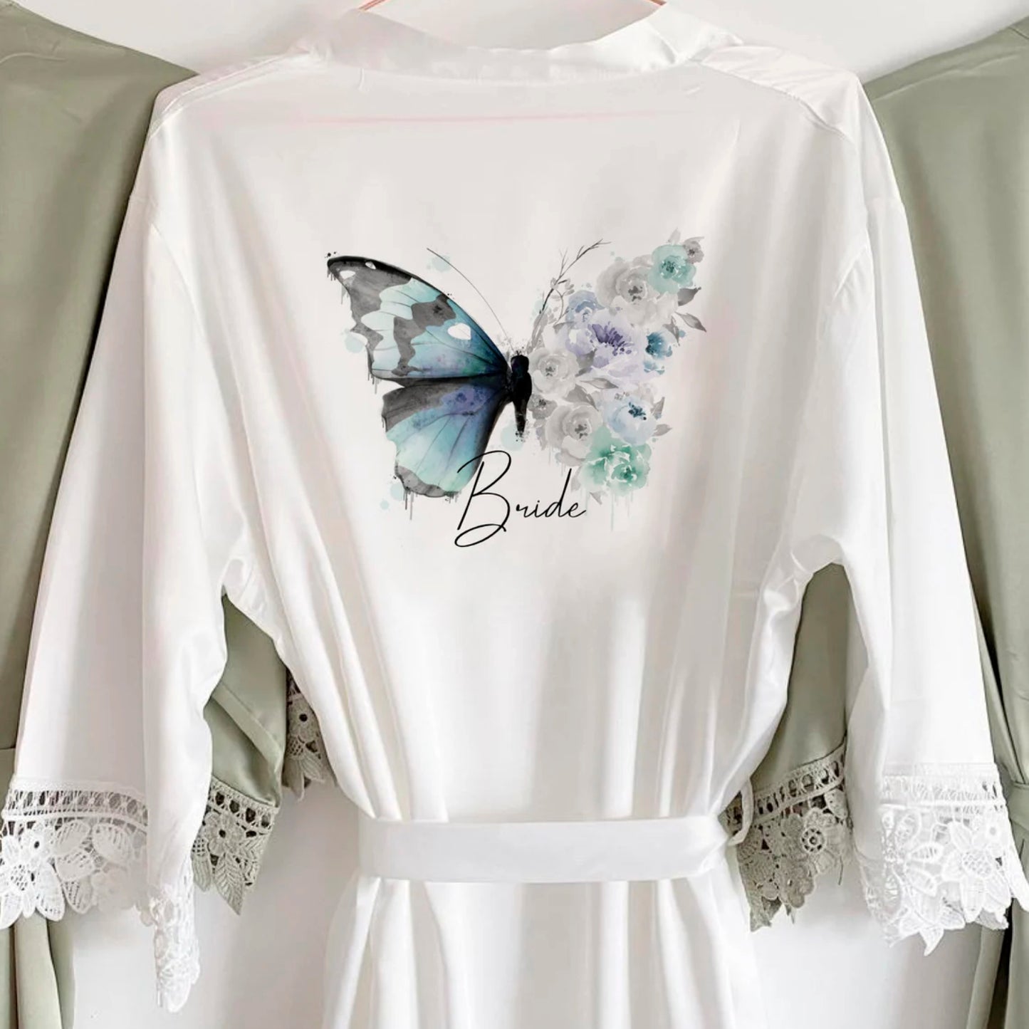 Personalised Satin Lace Robe - Blue Floral Butterfly Design