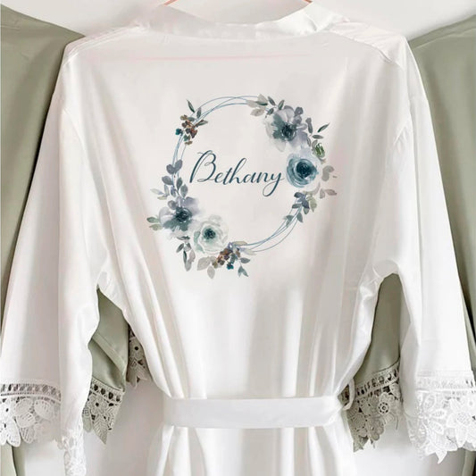 Personalised Satin Lace Robe - Dusky Blue Wreath