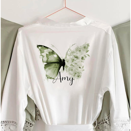 Personalised Satin Lace Robe - Green Floral Butterfly Design