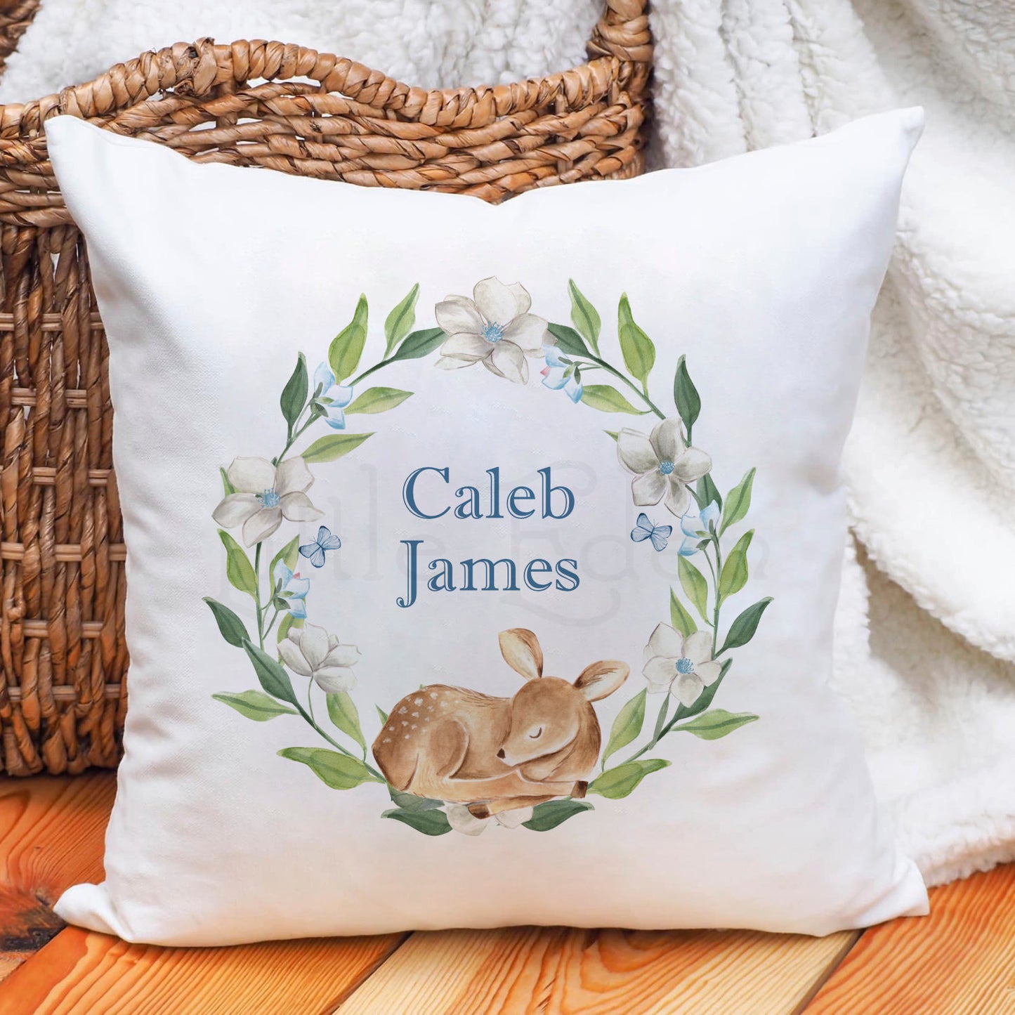 Personalised Children's Cushion - Woodland Sleeping Fawn with Blue Details