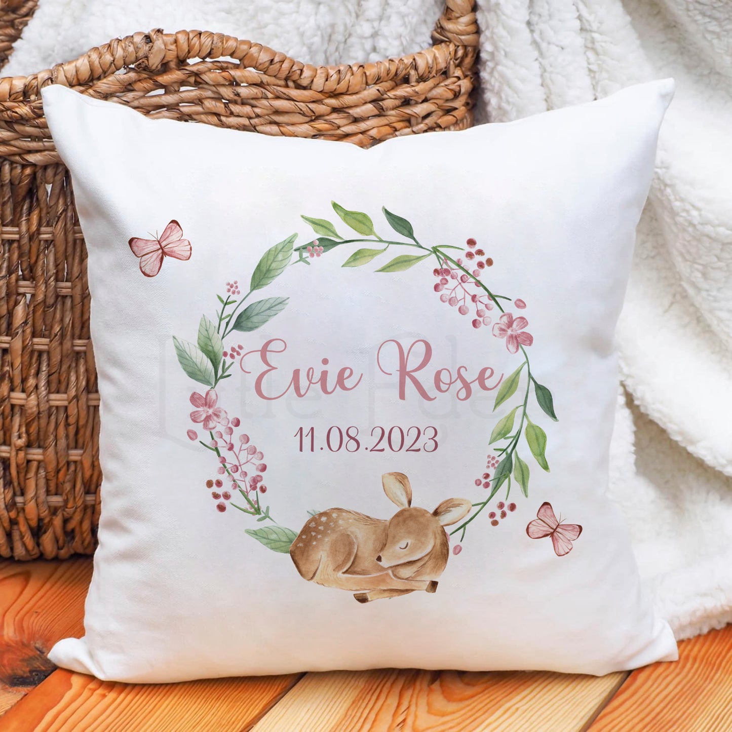 Personalised Children's Cushion - Woodland Sleeping Fawn with pink florals