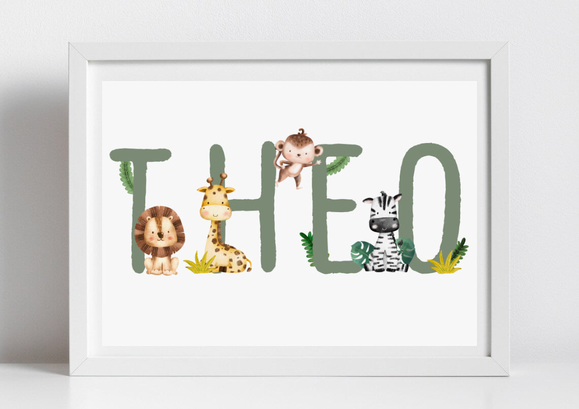 Image shows cute safari personalised art wall print. The text is a mid sage green colour, and around the name are cute safari characters like a lion, giraffe, monkey and zebra.