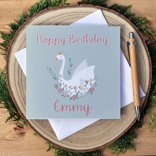 Floral Swan Personalised Birthday Card - Free Shipping