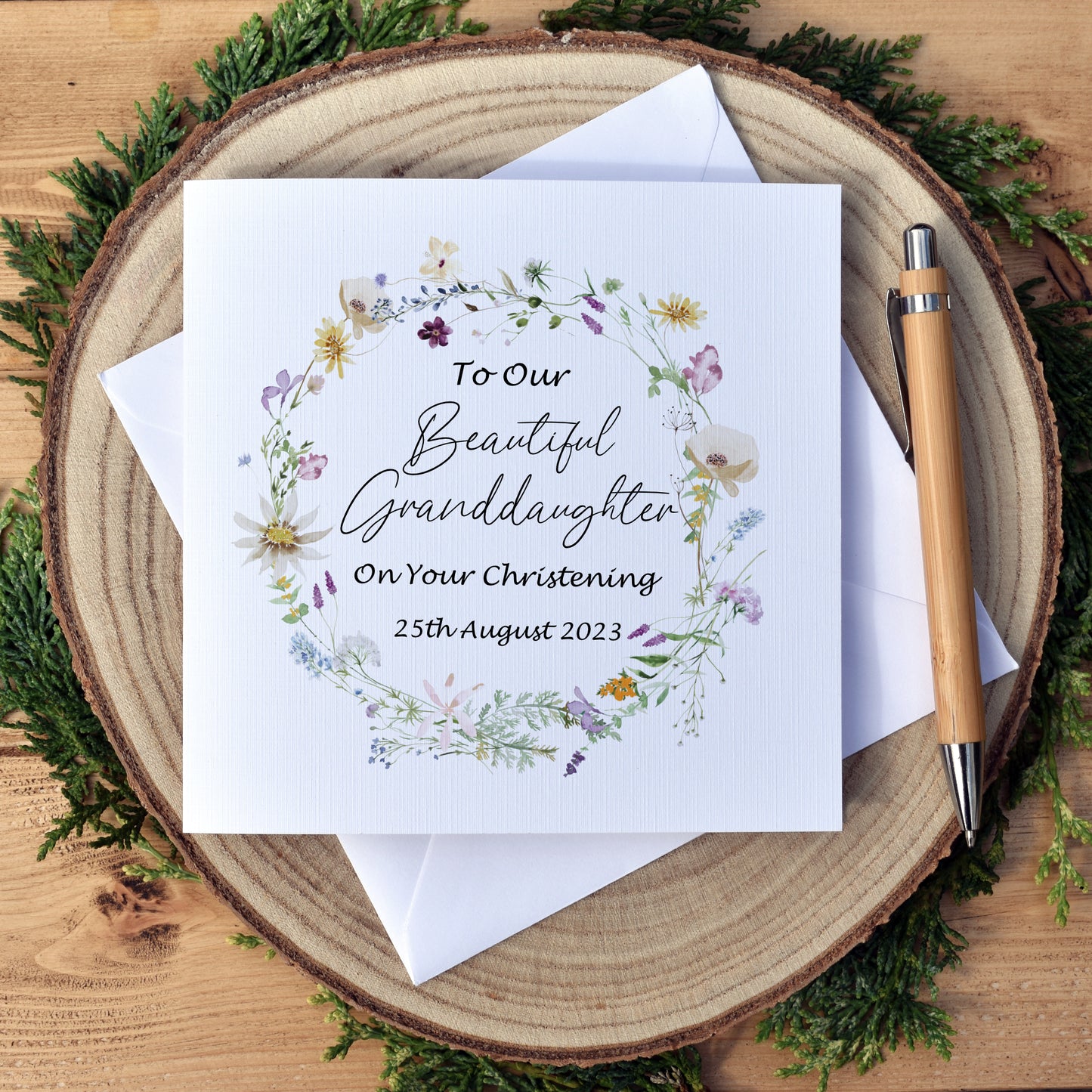 Wildflower wreath design personalised christening card - to our beautiful granddaughter