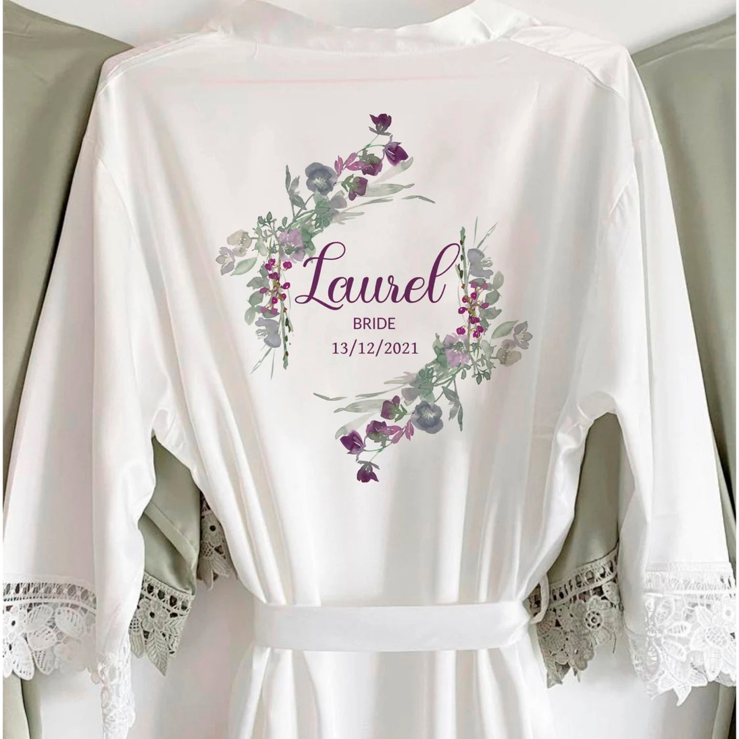 Personalised Satin Lace Robe - Purple Wildflower Design