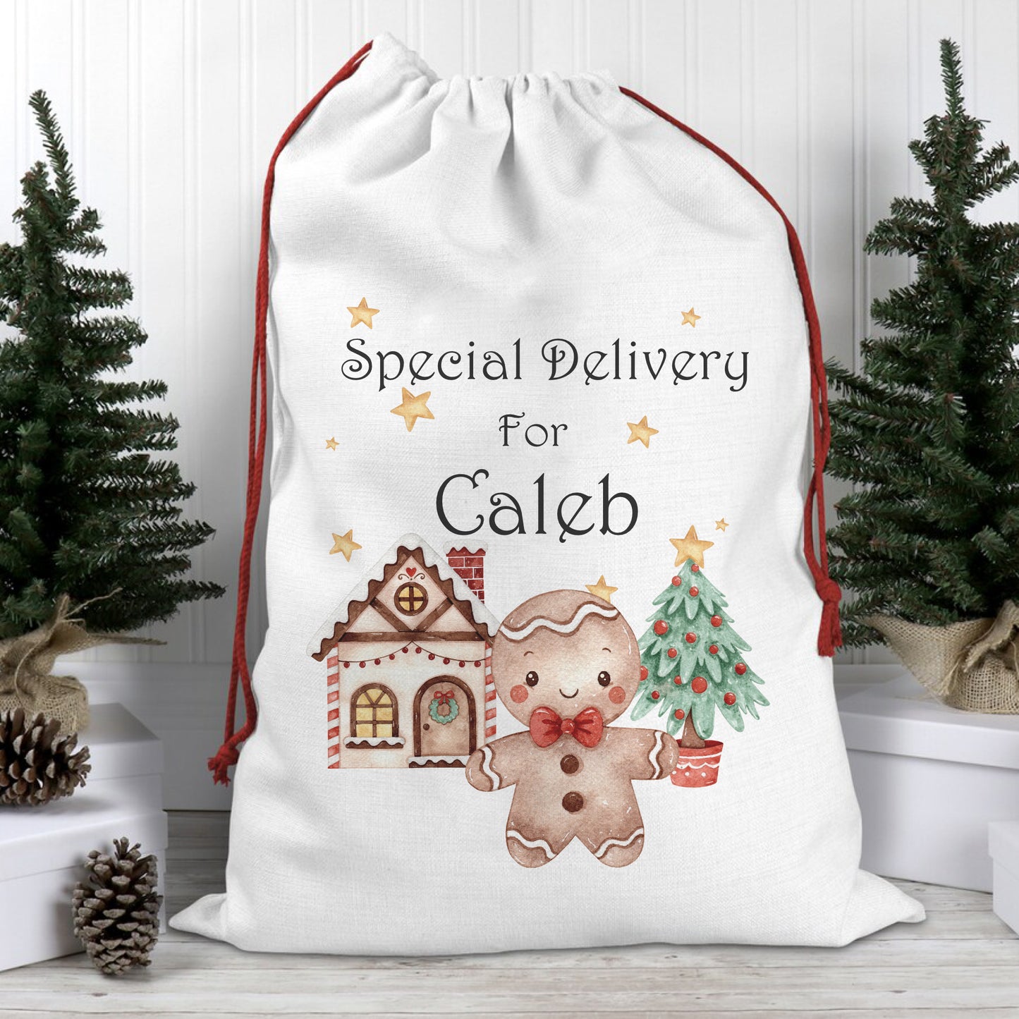 Personalised Santa Sack - Cute Gingerbread - Linen Santa Sack