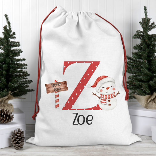 Personalised Santa Sack - Cute Snowman Alphabet - Linen Santa Sack