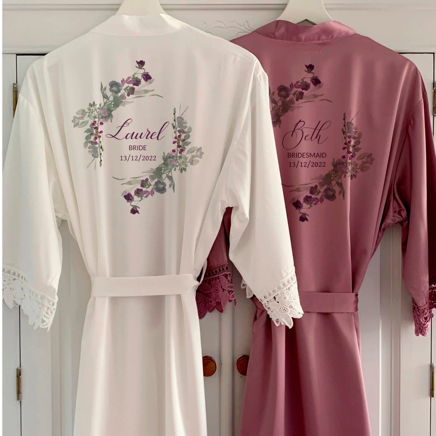 Personalised Satin Lace Robe - Purple Wildflower Design